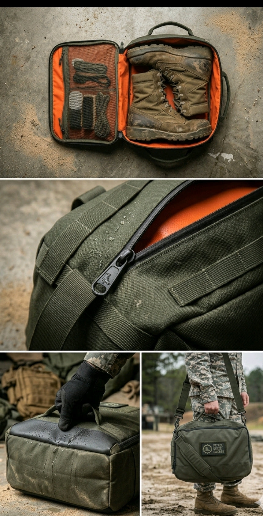 Collage of a green tactical bag with various compartments and tools on a textured surface.