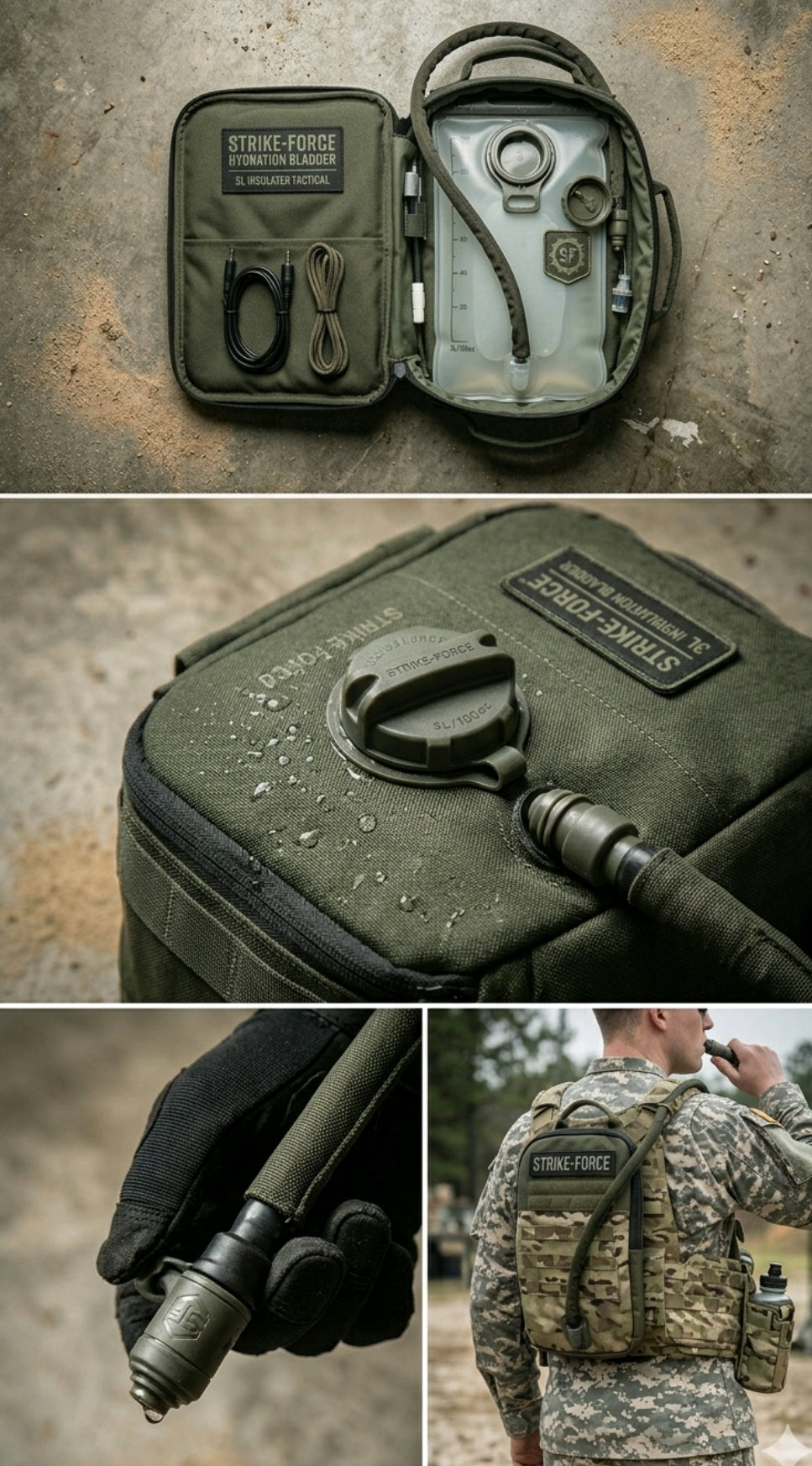 Collage of Strike Force tactical gear including a pouch, flashlight, and backpack.